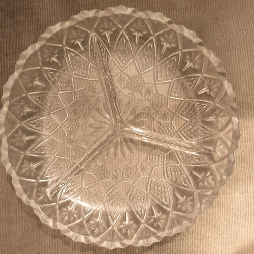 Glass platter with compartments for nuts like new, engraved