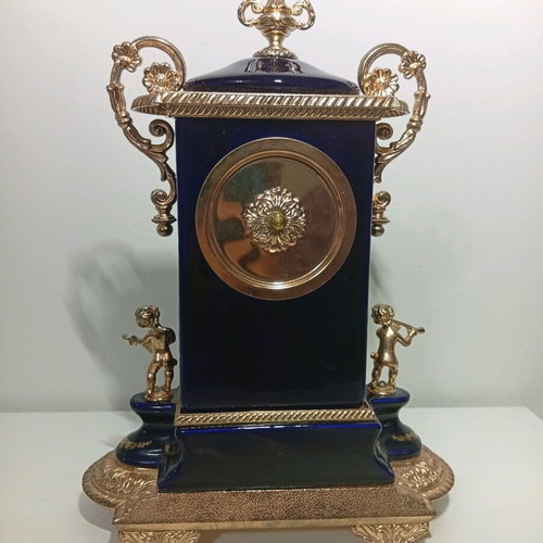 Vintage style brass and cobalt porcelain table clock