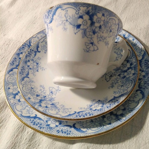 Antique English porcelain tea cup trio set with saucer and cake plate, blue