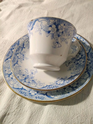 Antique English porcelain tea cup trio set with saucer and cake plate, blue