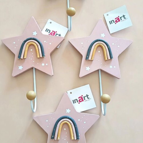Wall Hooks set of 4 star-rainbow metal and wood new