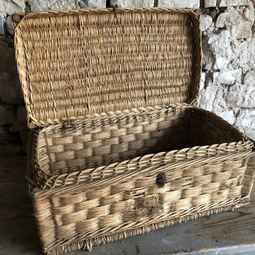 Vintage wicker chest used, rustic decor storage box