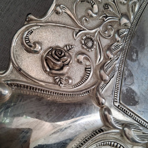 Vintage silver-plated tray 25cm used, decorative baroque design