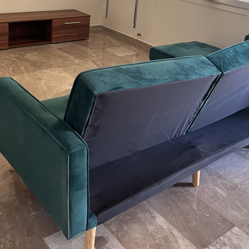Green velvet sofa bed L-shape used with wooden legs