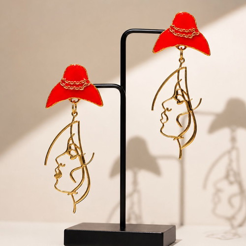 Handmade long dangle earrings with red polymer clay hat and steel