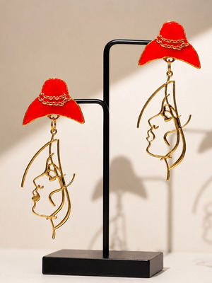 Handmade long dangle earrings with red polymer clay hat and steel
