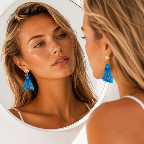 Handmade Aegean Blue Earrings with Liquid Glass and Gold Leaf