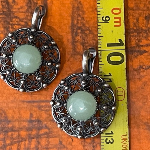 Silver earrings handmade filigree 925 with nephrite stone