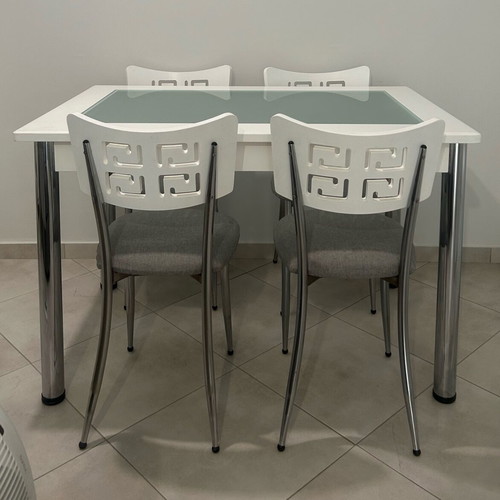 Dining table with 4 chairs used, white eco paint, glass top