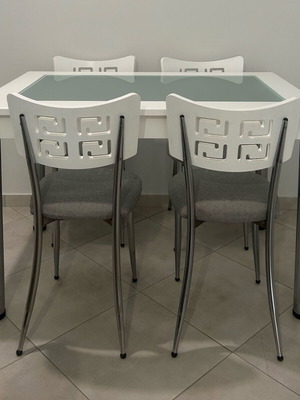 Dining table with 4 chairs used, white eco paint, glass top