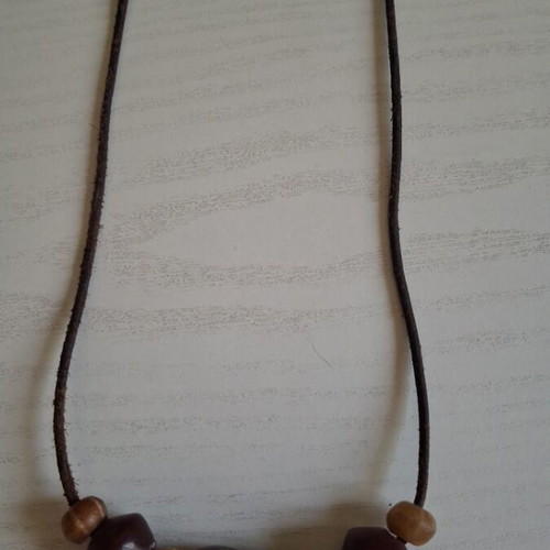 Ethnic necklace handmade with leather strap used, brown