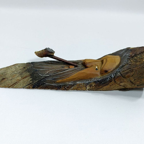 Wood Spirit Figurine with Pipe vintage hand-carved, like new