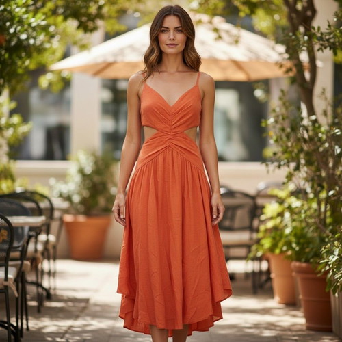 Zimmermann coral linen midi dress with waist cutouts, size 0