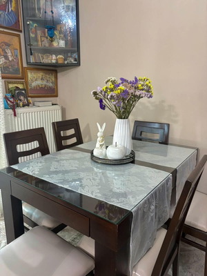Dining table with 6 chairs used, extends 120-80 to 160-80