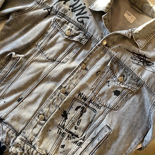 Bershka Denim Jacket size M new, grey washed with graffiti details