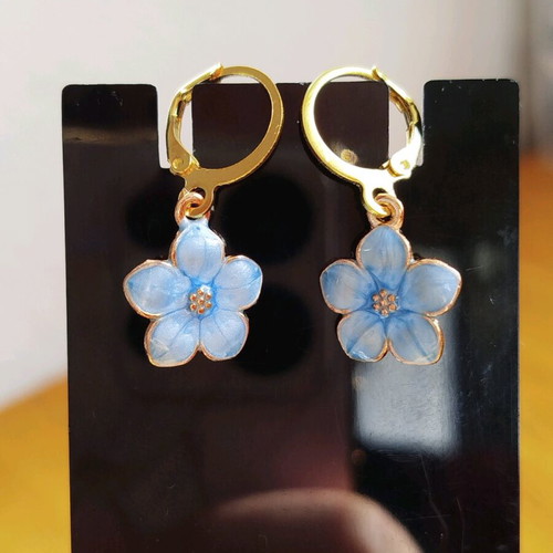Handmade hypoallergenic earrings new, gold hoops with blue iridescent flowers