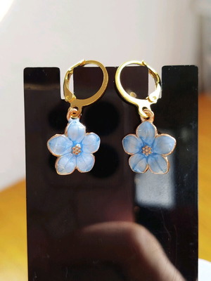 Handmade hypoallergenic earrings new, gold hoops with blue iridescent flowers