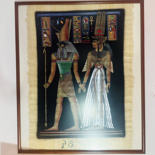 Egyptian Papyrus with Queen Nefertari and God Horus in Frame new