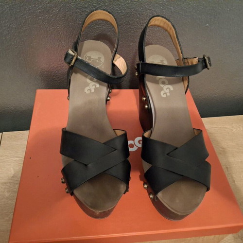 Flogg women's sandals with wooden platform used, black, size 38