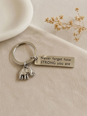 Keychain with metal elephant charm and engraved message, new, silver
