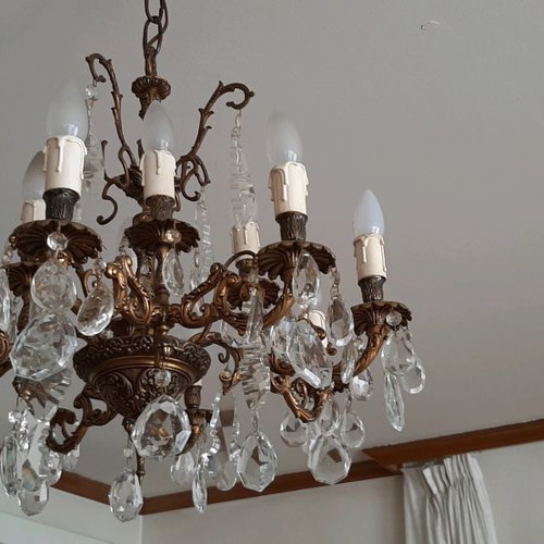 Bronze chandelier used with multiple crystals, vintage 70's from USA