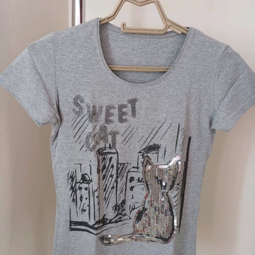 T-shirt "Sweet Cat" with sequins, grey melange