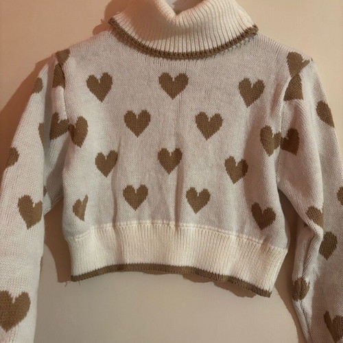 Crop top sweater like new, beige with brown hearts and turtleneck