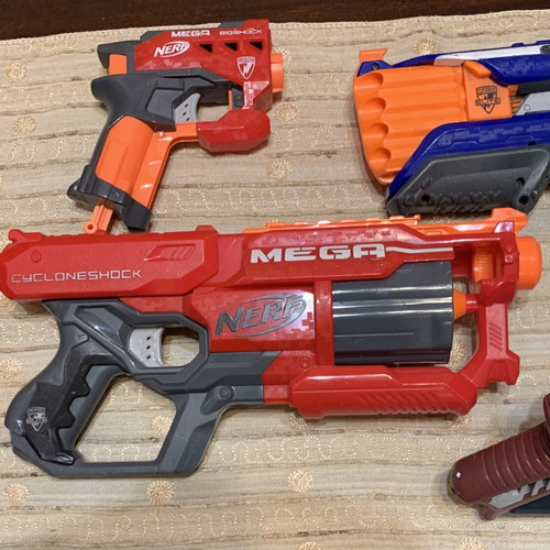 Nerf plastic guns used, set of 6, one bow needs rubber replacement