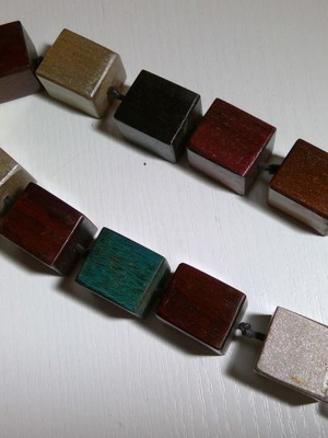 Necklace with large wooden cube beads, new, earth tones
