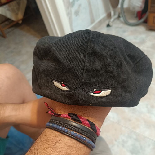 No Fear black vintage 00s flat cap with embroidered eyes, like new