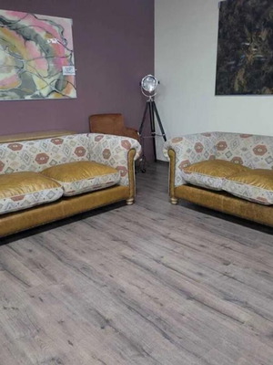 Chesterfield fabric and leather sofa set three- and two-seater new