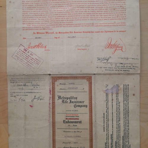 Life insurance policy used, 20 years, collectible from 1917