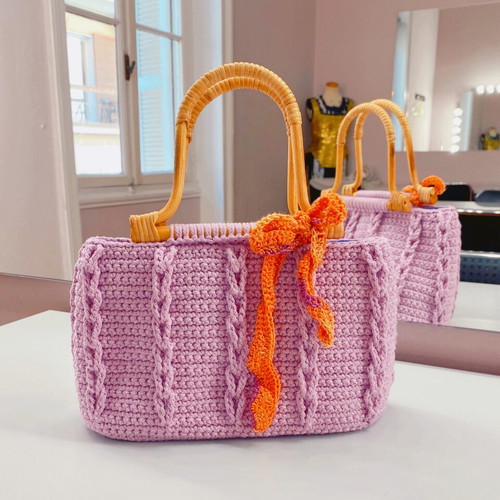 Handmade lilac crochet handbag with wooden handles and eco leather base