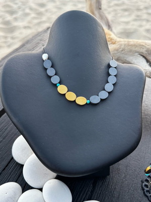 Necklace with Hematite and Pearl new with waxed cord