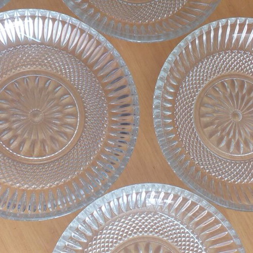 Vintage glass dessert plates used, set of 5