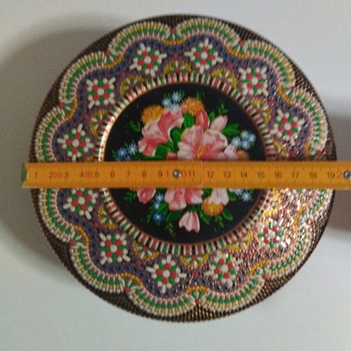 Vintage metal box with embossed floral design and Pointillism mosaic