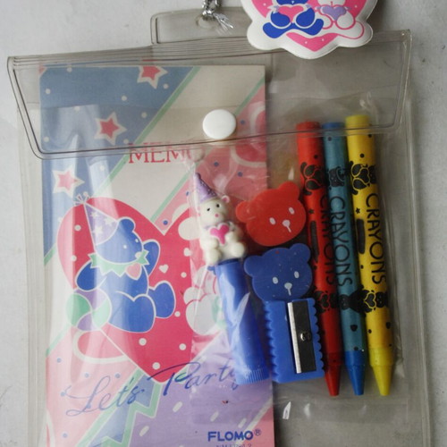 Vintage Flomo school set memo notebook crayons eraser sharpener Taiwan 1980s new