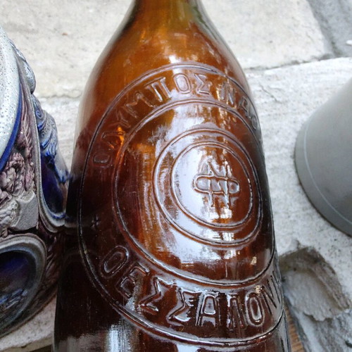 Beer glass and bottle set from Olympos restaurant Naousa like new