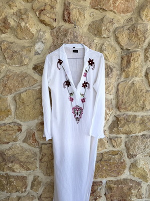 Achilleas Accessories λευκό κιμονό παραλίας με φούξια κέντημα μεταχειρισμένο