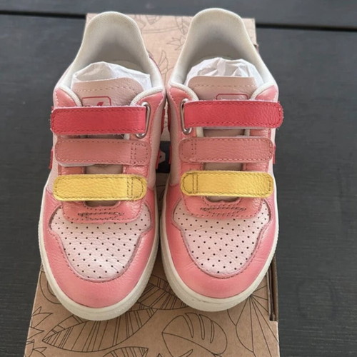 Veja children's athletic sneaker for girls with velcro, pink and yellow, size 29