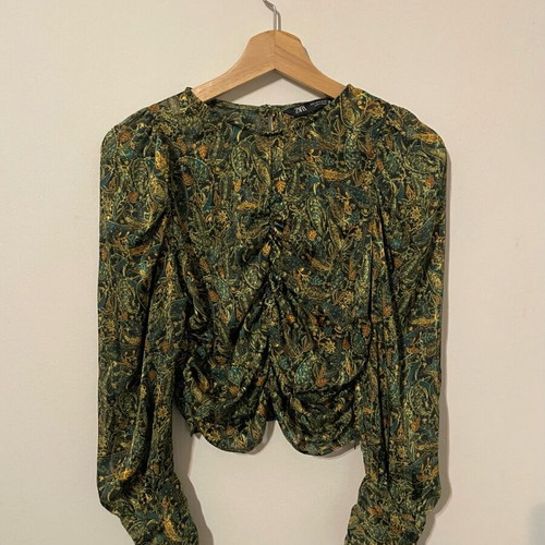 Zara crop long-sleeve blouse in khaki earth tones like new