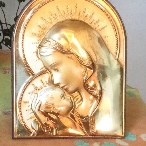 Madonna and Child embossed religious icon like new, gold and silver finish