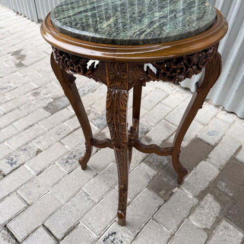 Wood Carved Side Table with Marble Like New