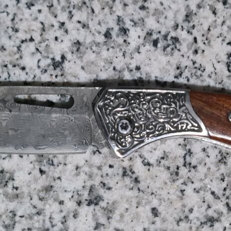 Damask steel folding pocket knife with wooden handle