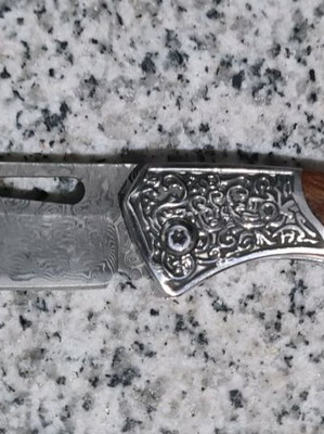 Damask steel folding pocket knife with wooden handle