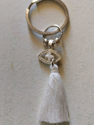 Handmade baptism favors keychain with cross and eye, pack of 50