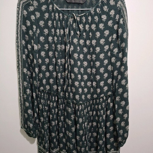 Midi dress Zara cypress with white print, long sleeve, like new