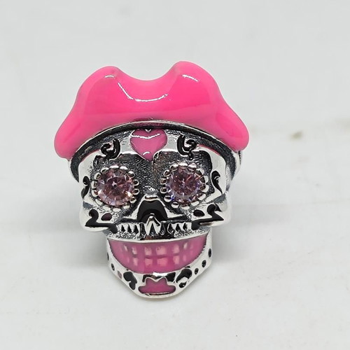 Sugar Skull Charm with Pink Hat and Crystals Silver 925 like new