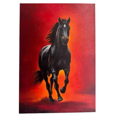 Tsimogiannis Black Horse Oil Painting on Canvas like new