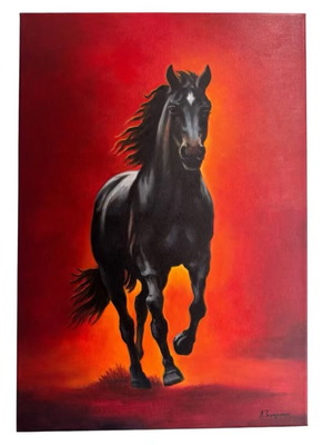 Tsimogiannis Black Horse Oil Painting on Canvas like new